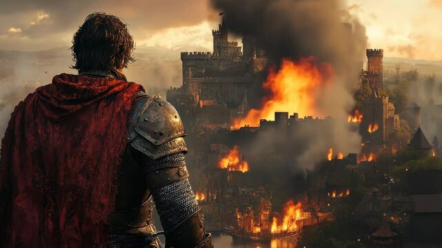 Knight stands watch over burning medieval castle at sunset