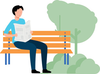 A boy is sitting on a park bench reading a newspaper.