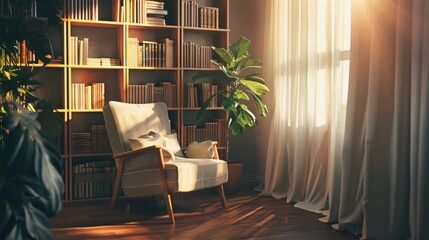 Sunlit reading corner with an inviting armchair, neatly organized bookshelves, and lush greenery, creating a warm, serene ambiance.