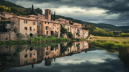 Obraz premium Reflective Italian Village with Stormy Sky