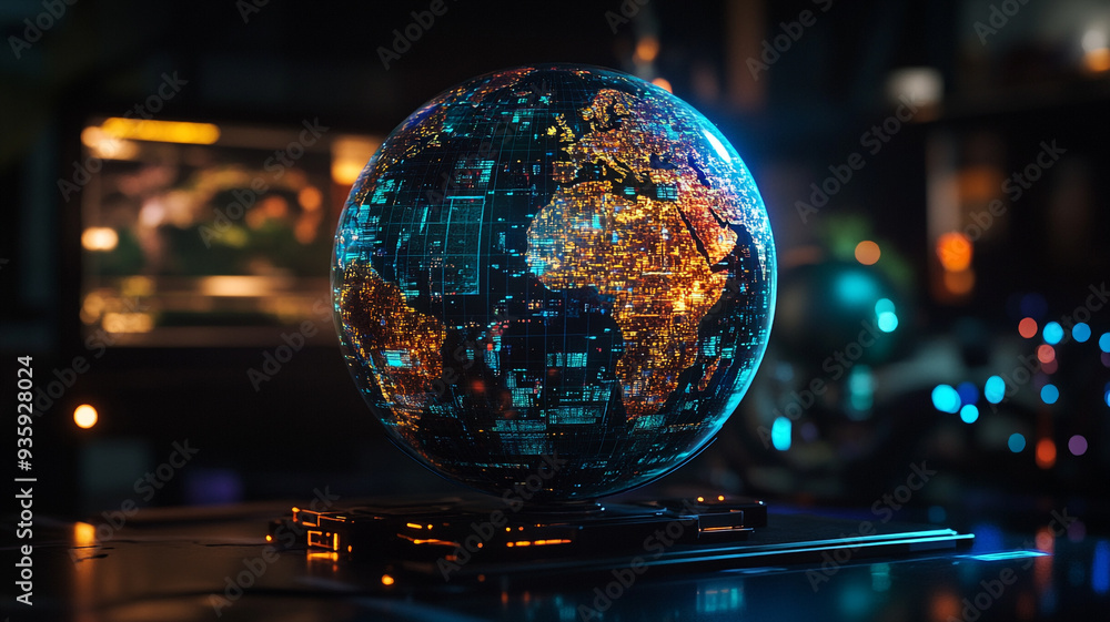 Aufkleber a mesmerizing illuminated globe showcasing city lights and data patterns in a high-tech workspace at