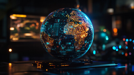Fototapeta premium A mesmerizing illuminated globe showcasing city lights and data patterns in a high-tech workspace at dusk