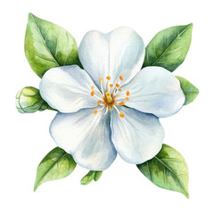 Obraz premium A delicate watercolor illustration of a white flower with green leaves, perfect for nature-themed designs and floral decorations.