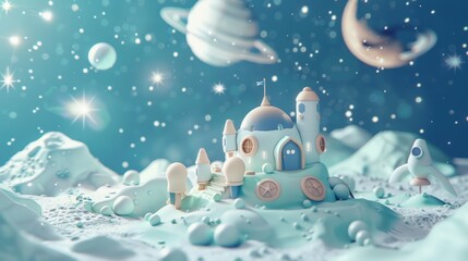 Cartoon castle on a blue planet with stars and planets.