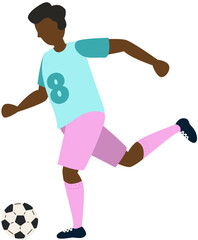 Soccer player kicking ball character black boy, flat cartoon vector illustration isolated on white background. Soccer or football game players collection.