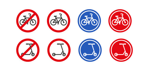 Red circle prohibited bicycle and kick scooter icon set. Traffic warning sign. Flat vector illustration isolated.