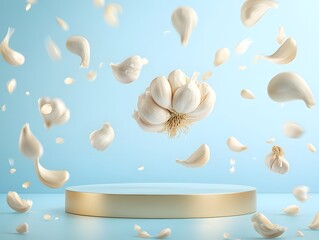 Floating Garlic Cloves on Minimalist Pedestal – Elegant Culinary Composition