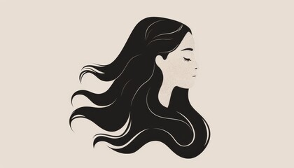 Minimalistic Flat Illustration of an Asian Woman With Flowing Hair in a Soft Artistic Style