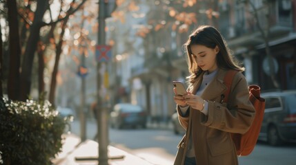 A woman, stylishly dressed, stands on a sun-dappled city street engrossed in her phone, epitomizing modern urban life and connectivity.