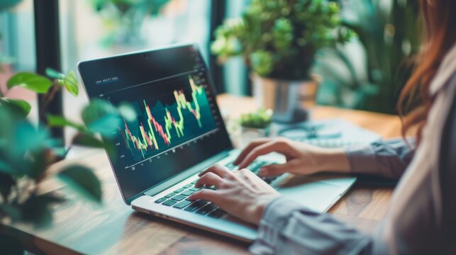 Hands type on a laptop with a graph on the screen, surrounded by green indoor plants, indicating a focus on financial analysis and growth.