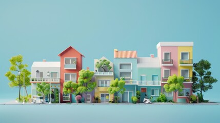 Miniature city street with colorful houses and green trees.