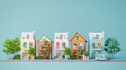 Colorful Row of Houses on a Blue Background.