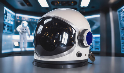 A white astronaut helmet sits on a table in front of a screen displaying a blurry image of an astronaut