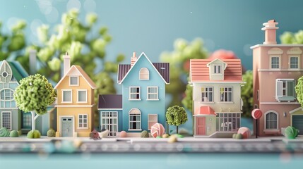 Miniature houses on a colorful street.
