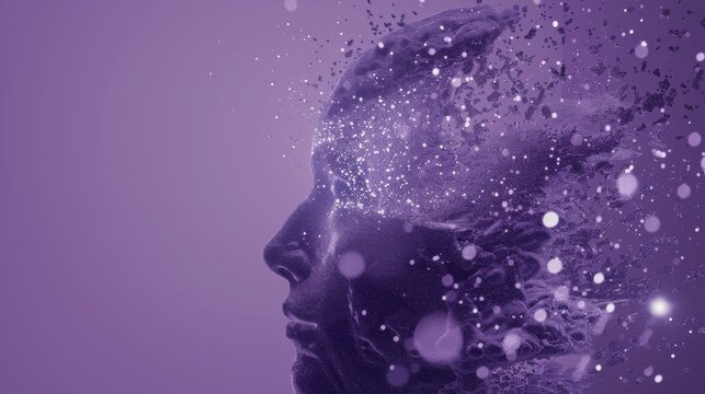 An abstract artistic representation of a human profile dissolving into particles, blending seamlessly into a purple and black background.