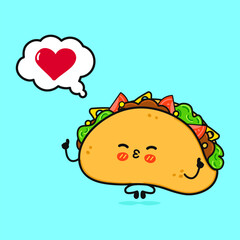 Taco doing yoga with speech bubble. Vector hand drawn cartoon kawaii character illustration icon. Isolated on blue background. Tacos in love character concept