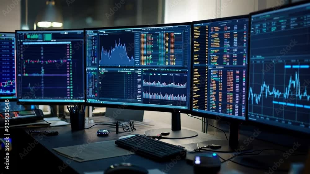 Poster a trading setup featuring multiple monitors showcasing financial graphs, market statistics, and real