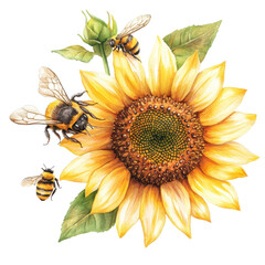 Beautiful illustration of a sunflower with bees, capturing the essence of nature and pollination in vibrant colors.