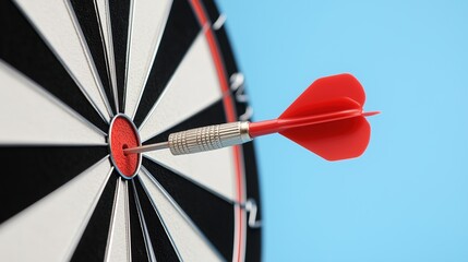 A single red dart firmly lodged in the bullseye of a dartboard, capturing the essence of focus and accomplishment. Suitable for illustrating themes of precision and successful outcomes.