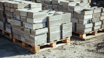 Pallets stacked with cinder blocks sit on a dirt ground, ready for construction work, representing building and development.