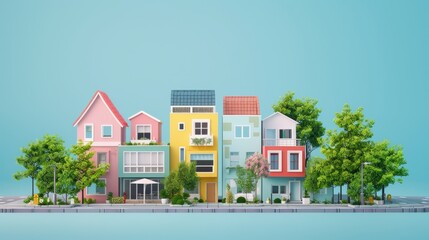 Colorful houses on a street with trees and blue background.