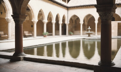 Obraz premium A view from an arched doorway of a courtyard with a reflecting pool and fountain in the center