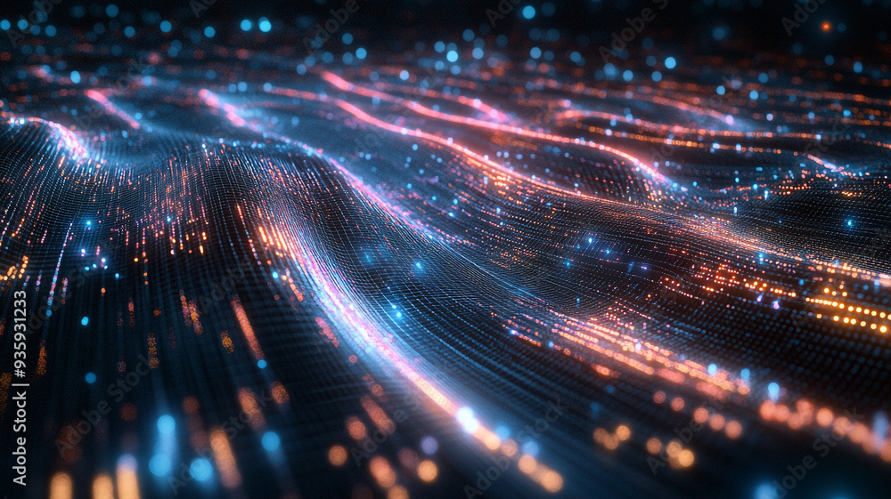 Poster dynamic flow of vibrant lights and colors illustrating data streams across a digital landscape at ni