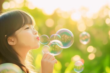 A young girl blowing soap bubbles outdoors on a sunny day, with soft light and greenery in the background. A scene full of innocence and joy.