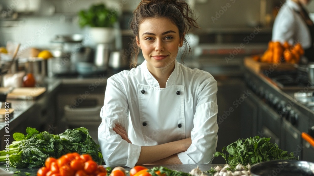 Poster A confident young female chef stands in a vibrant kitchen filled with fresh vegetables. Her smile reflects passion for cooking. This lifestyle image captures the essence of culinary art. AI