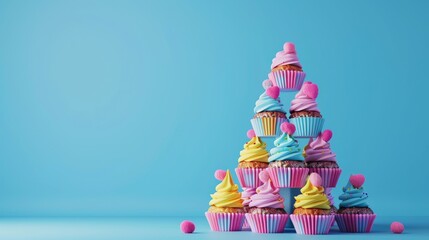 Colorful Cupcakes Tower on Blue Background.