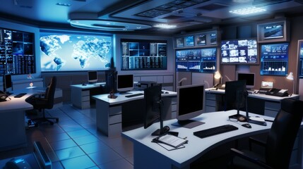 A high-tech office space with numerous computer displays showcasing global data, resembling a command center with an advanced monitoring setup.