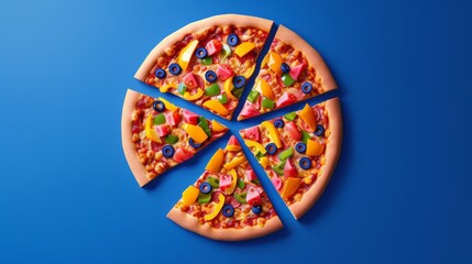 A pizza with a colorful topping, cut into six slices.