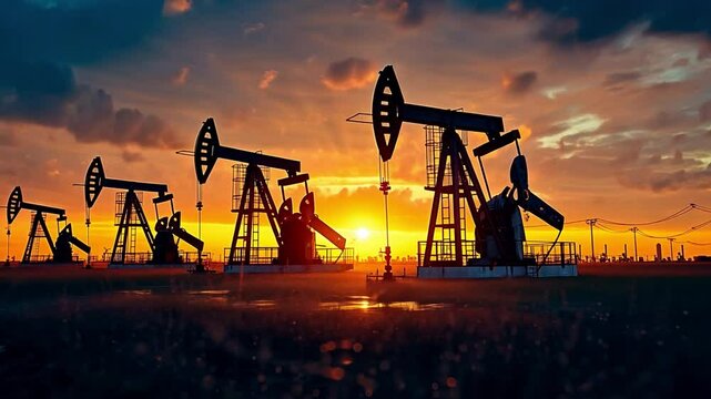 Oil pumps before dawn with financial graphs on the increase