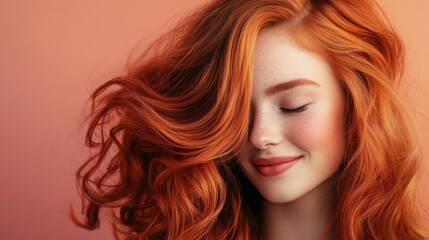 Fototapeta premium A young woman with vibrant red hair smiles gently, her hair cascading around her face in soft waves against a warm peach backdrop.