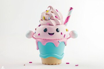 Cute Cartoon Ice Cream with Straw.