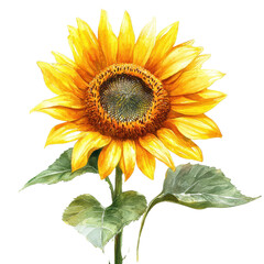 A vibrant sunflower with bright yellow petals and green leaves, symbolizing happiness and optimism in nature.