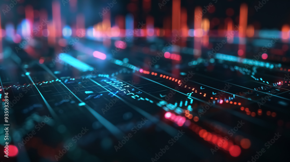 Poster digital display of an options chart and stock market glowing on a dark background