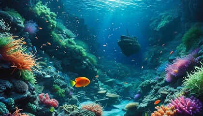 Naklejka premium Underwater scene wallpaper with a large, sunken flotsam in the background