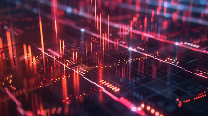 Naklejka premium Digital display of an options chart and stock market glowing on a dark background 