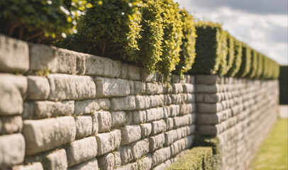 A stone wall stands tall against a backdrop of lush green bushes
