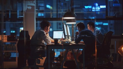 Fototapeta premium A trio of colleagues work late into the night at a city office, illuminated by the glow of their screens, portraying dedication and teamwork.