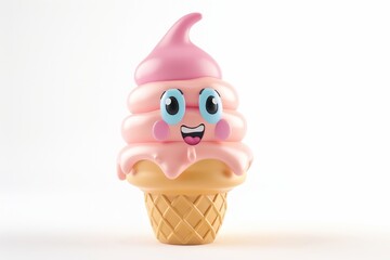 Cute Cartoon Ice Cream Cone with Big Eyes Smiling.
