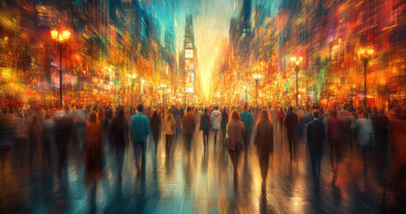 Fototapeta premium A blurred photo of an urban street scene with people in motion, bathed in the golden light of sunset .Created with Ai