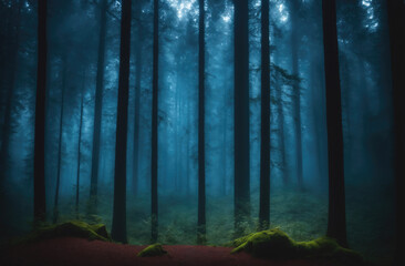 Obraz premium A foggy forest in the early morning, with the sunlight just starting to break through the trees