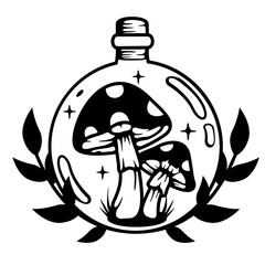 Bottle Mushroom | Magic Bottle | Fungi | Mushroom in a Bottle | Mushroom | Wild Mushroom | Bottle | Sparkling Bottle with Mushroom | Original Illustration | Vector and Clipart | Cutfile and Stencil