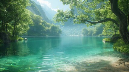 Fototapeta premium Beautiful summer view of a lake with crystal-clear turquoise waters, bordered by lush green forests. Generative AI