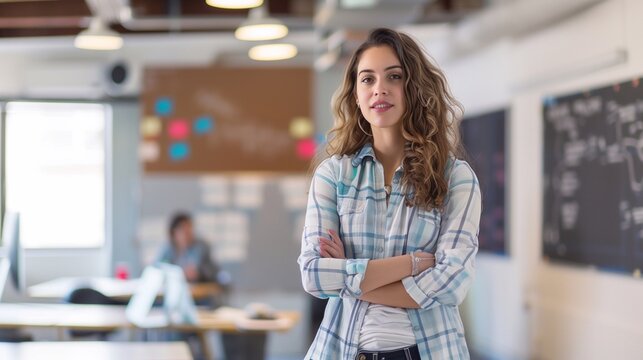 Young female tutor in school classroom. Teacher at school.