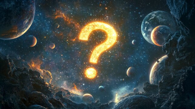 A cosmic exploration awaits in this stunning space scene filled with vibrant galaxies and mysterious planets. The glowing question mark sparks curiosity. Bold and imaginative design. AI