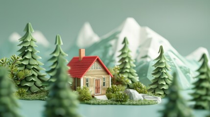 Miniature house nestled in a green forest with a snowy mountain backdrop.