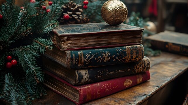 ancient magic christmas books with cryptic writings for a background